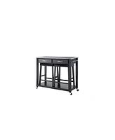 Solid Granite Top Kitchen Cart Island With 24" Upholstered Saddle Stools