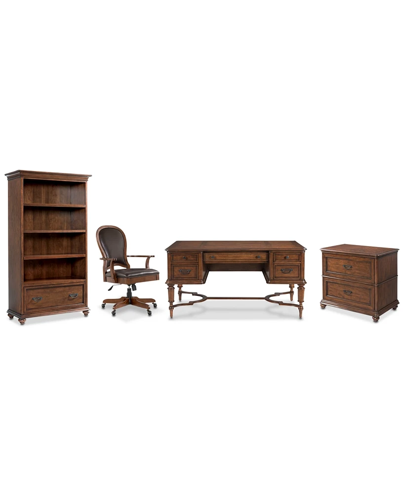 Clinton Hill Cherry Home Office, 4-Pc. Set (Writing Desk, Lateral File Cabinet, Open Bookcase, & Leather Desk Chair)