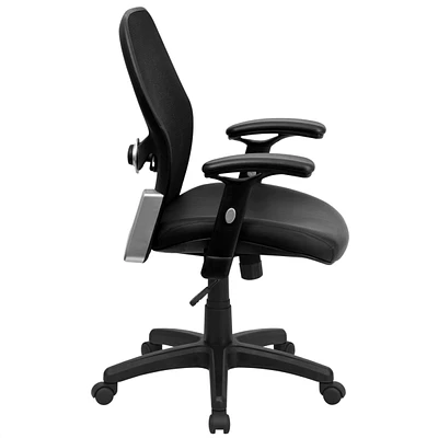 Mid-Back Black Super Mesh Executive Swivel Chair With Leather Seat And Adjustable Arms, Black Bonded Leather