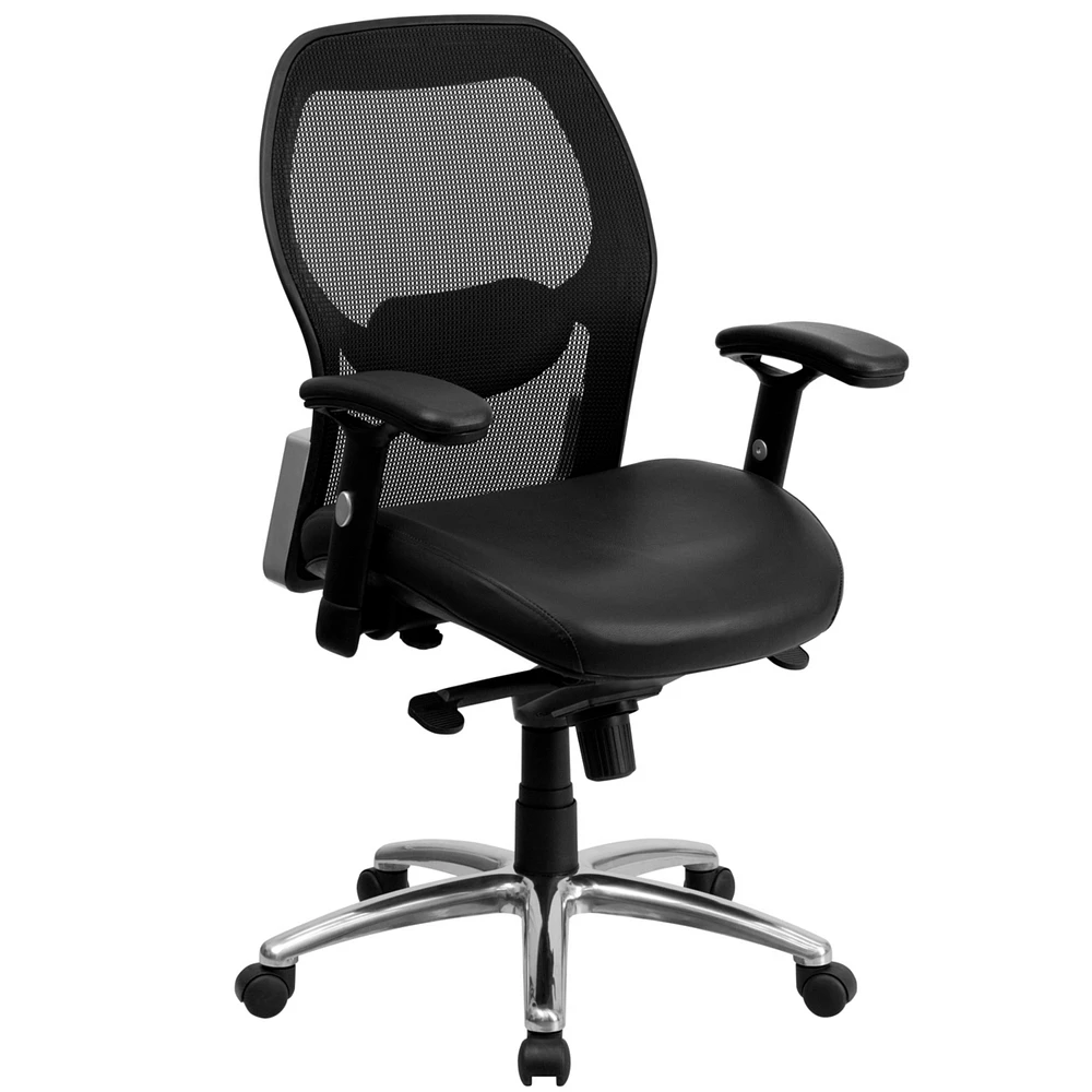 Mid-Back Black Super Mesh Executive Swivel Chair With Leather Seat, Knee Tilt Control And Adjustable Arms