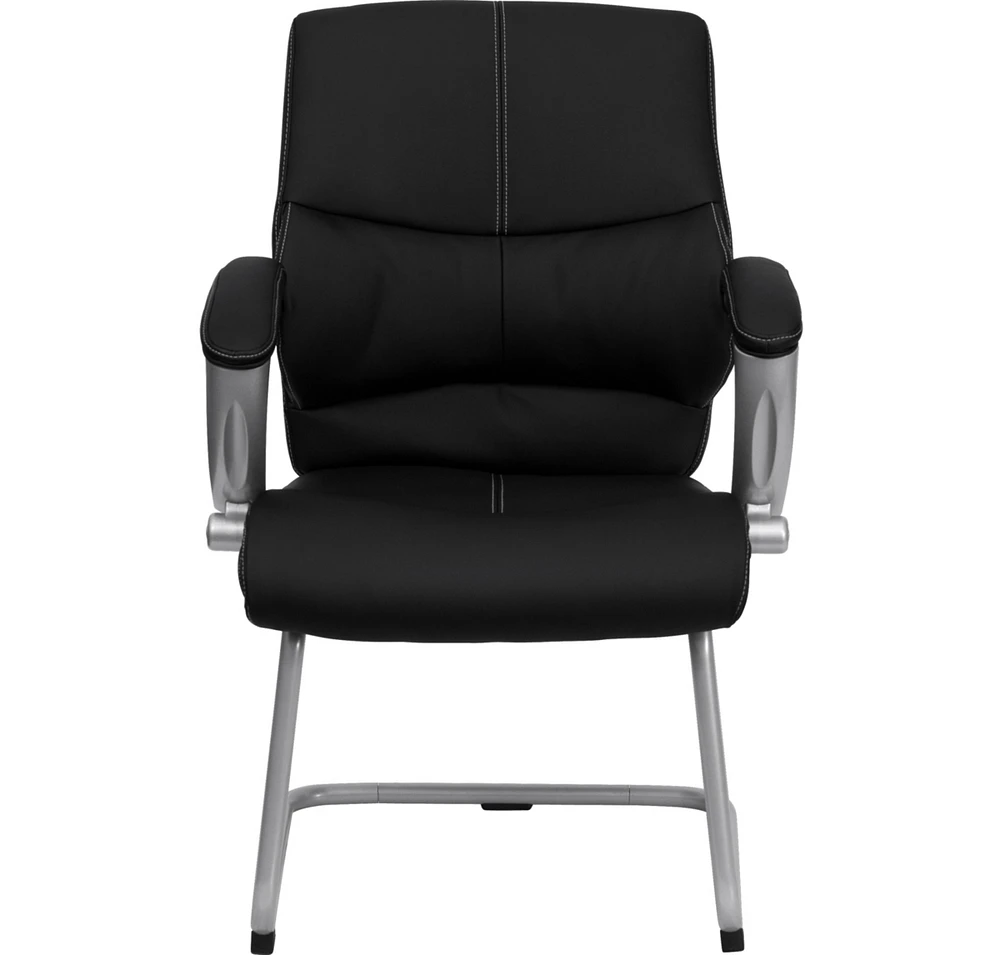 Black Leather Executive Side Reception Chair With Silver Sled Base