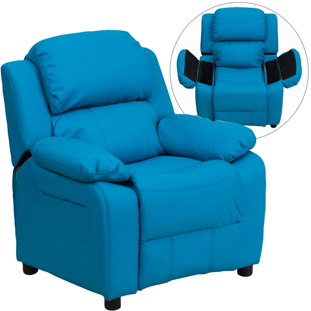 Deluxe Padded Contemporary Turquoise Vinyl Kids Recliner With Storage Arms