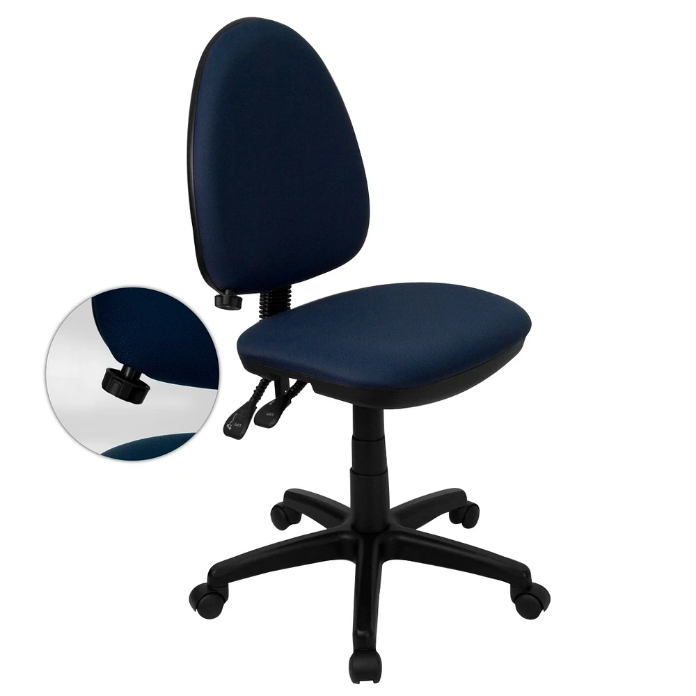 Mid-Back Navy Blue Fabric Multifunction Swivel Task Chair With Adjustable Lumbar Support