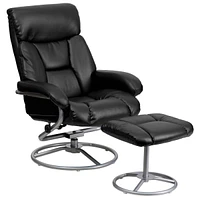 Contemporary Black Leather Recliner And Ottoman With Metal Base