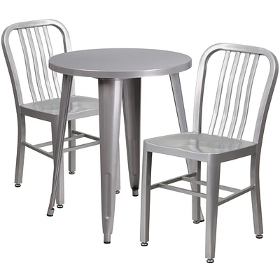 24'' Round Silver Metal Indoor-Outdoor Table Set With Vertical Slat Back Chairs
