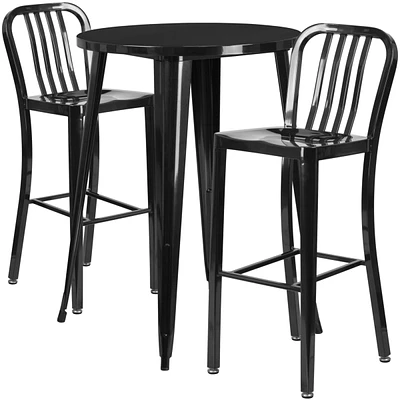 30'' Round Metal Indoor-Outdoor Bar Table Set With 2 Vertical Slat Back Stools