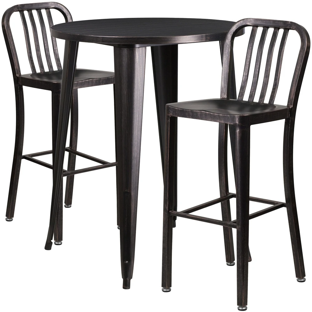 30'' Round Black-Antique Gold Metal Indoor-Outdoor Bar Table Set With 2 Vertical Slat Back Stools