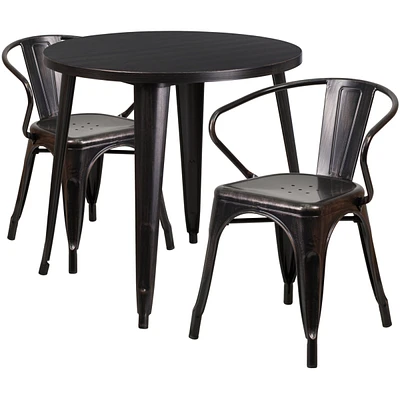 30'' Round Black-Antique Gold Metal Indoor-Outdoor Table Set With Arm Chairs