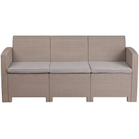 Light Gray Faux Rattan Sofa With All-Weather Light Gray Cushions