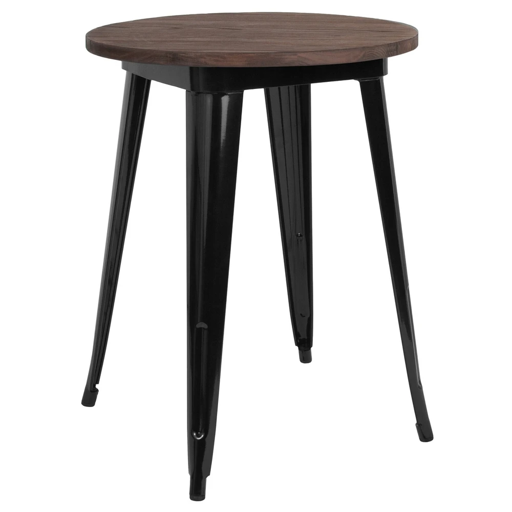 24" Round Black Metal Indoor Table With Walnut Rustic Wood Top