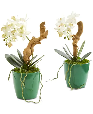 Nearly Natural Mini Phalaenopsis Orchid Artificial Arrangements in Green Planters, Set of 2