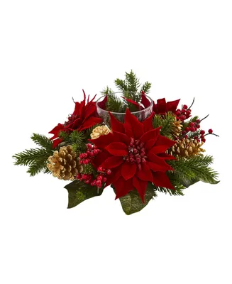 Nearly Natural Poinsettia, Berry and Golden Pine Cone Candelabrum Artificial Arrangement