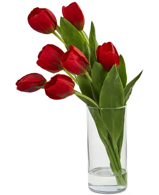 Nearly Natural Tulip Artificial Arrangement Cylinder Vase