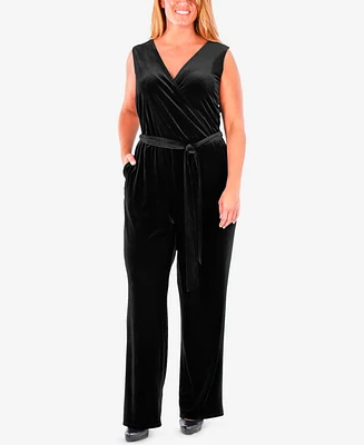 Ny Collection Plus Size Sleeveless Faux-Wrap Velvet Jumpsuit