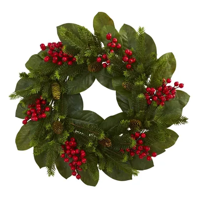 Nearly Natural 24" Magnolia Leaf, Berry & Pine Artificial Wreath