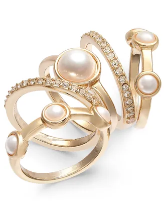 I.n.c. International Concepts Gold-Tone 5-Pc. Set Pave & Imitation Pearl Stackable Rings, Created for Macy's