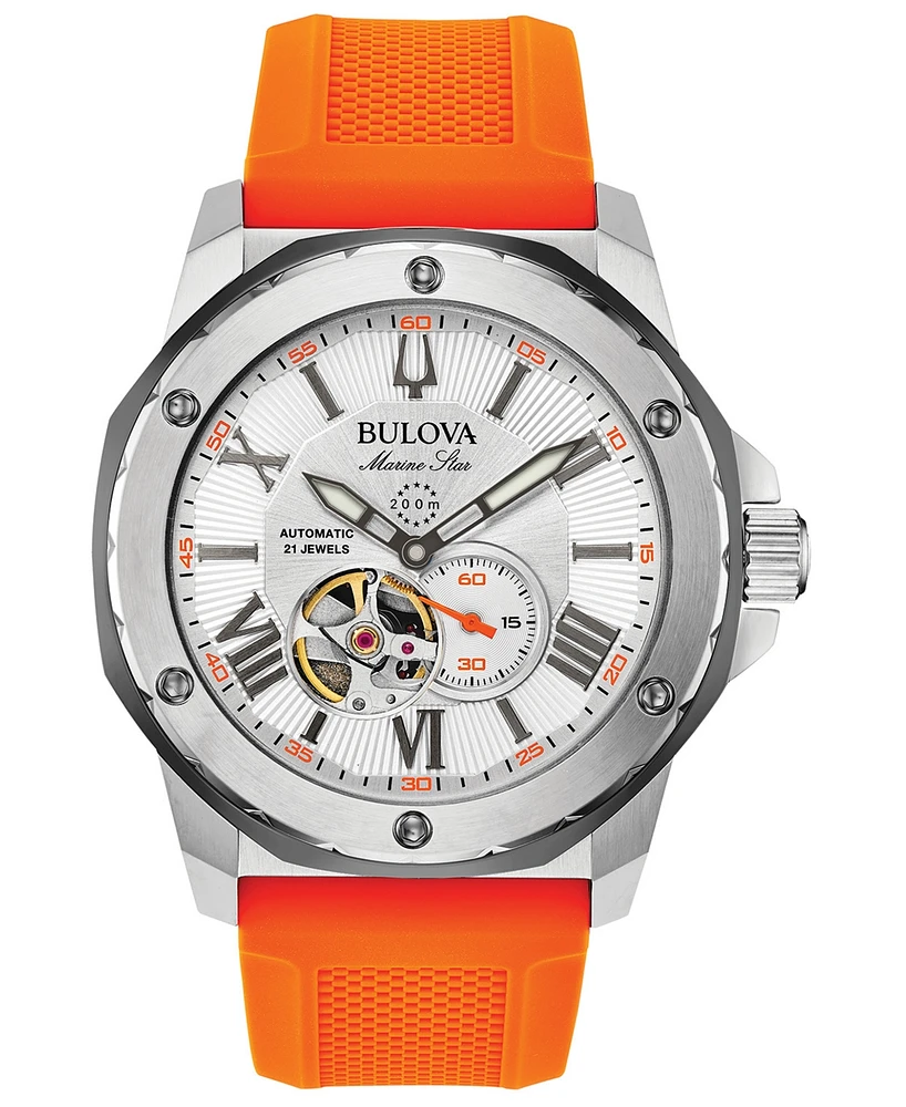 Bulova Men's Automatic Marine Star Orange Silicone Strap Watch 45mm