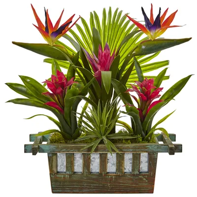 Nearly Natural Birds of Paradise and Bromeliad in Planter