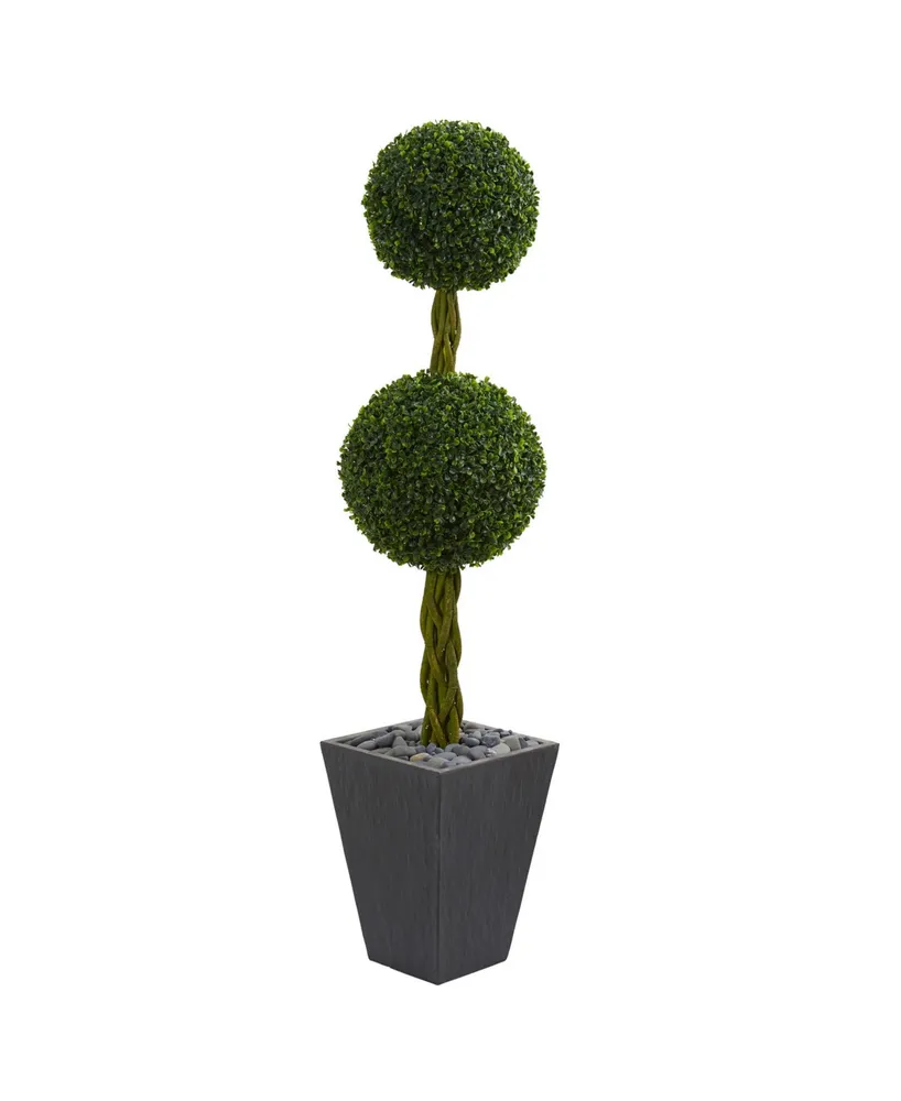 Nearly Natural 5' Double Ball Boxwood Topiary Artificial Tree in Slate Planter Uv Resistantr