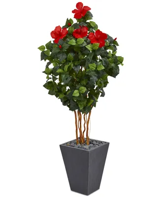 Nearly Natural 5' Hibiscus Artificial Tree in Slate Planter