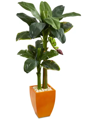Nearly Natural 5.5' Double Stalk Banana Artificial Tree in Orange Planter