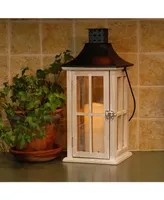 Lumabase White Washed Wooden Lantern with Black Roof and Led Candle