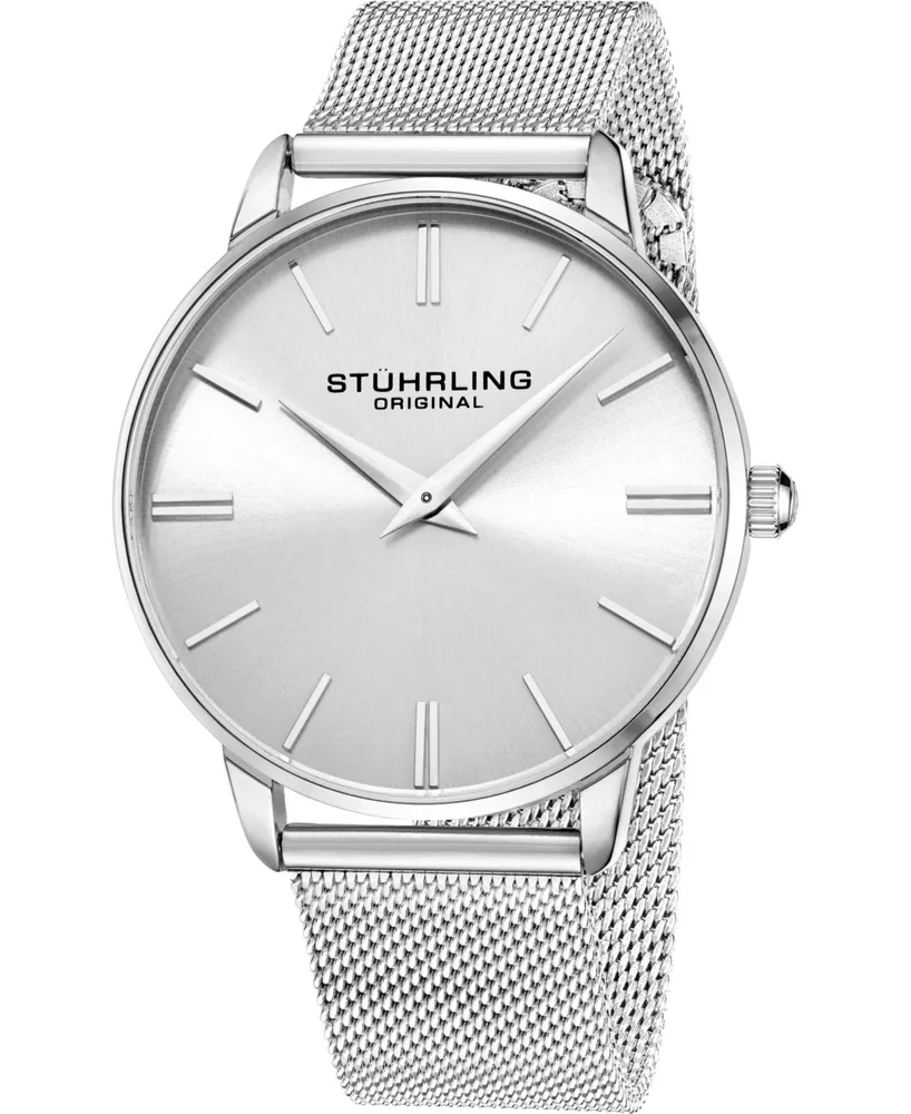 Stuhrling Men's Silver Tone Mesh Stainless Steel Bracelet Watch 42mm