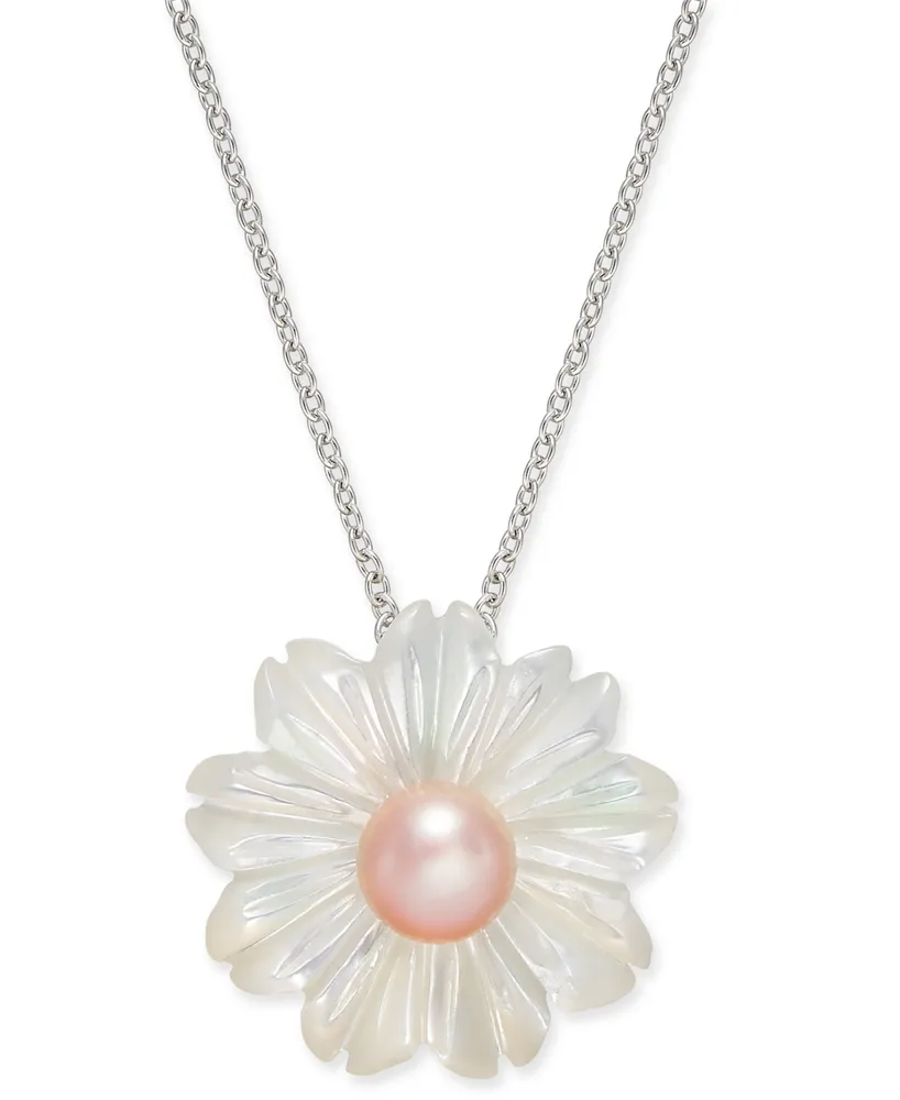 Pink Cultured Button Freshwater Pearl (6 mm) & Mother-of-Pearl (19-1/2 mm) 18" Pendant Necklace in Sterling Silver