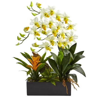 Nearly Natural Dendrobium Orchid and Bromeliad Silk Arrangement Planter