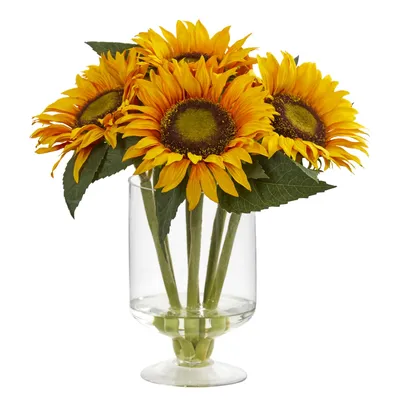 Nearly Natural 12" Sunflower Artificial Arrangement in Glass Vase