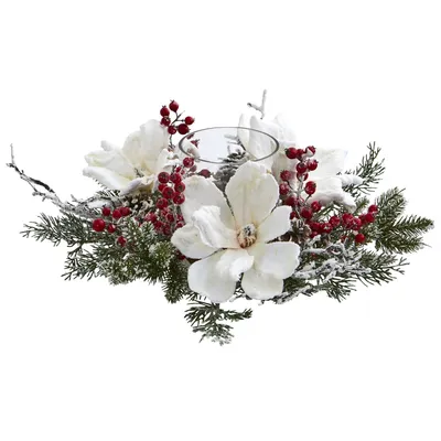 Nearly Natural Frosted Magnolia and Berry Artificial Arrangement Candelabrum