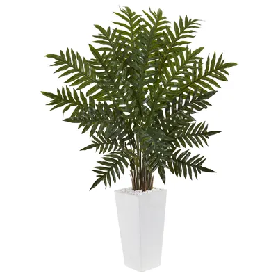 Nearly Natural 4.5' Evergreen Artificial Plant in White Tower Planter
