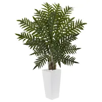 Nearly Natural 4.5' Evergreen Artificial Plant in White Tower Planter