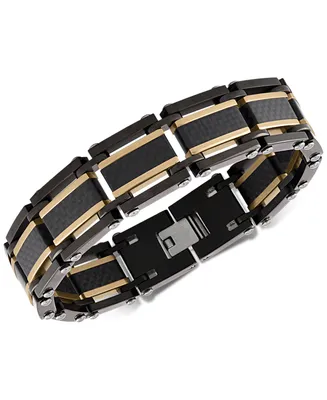 Esquire Men's Jewelry Two-Tone Square Link Bracelet in Black & Gold Ion-Plated Stainless Steel & Black Carbon Fiber, Created for Macy's