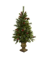 Nearly Natural 4' Christmas Tree with Berries, Pine Cones, Led Lights and Decorative Urn