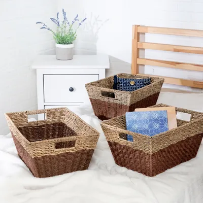 Honey Can Do Set of 3 Rectangle Nesting Seagrass Baskets with Built-In Handles