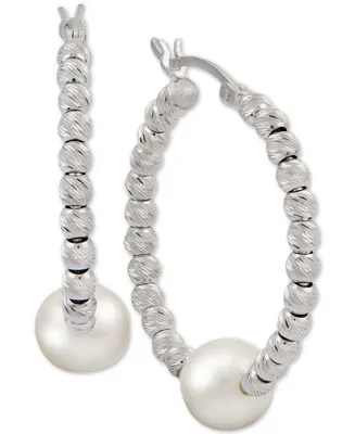 Cultured Freshwater Pearl (8mm) Beaded Hoop Earrings in Sterling Silver