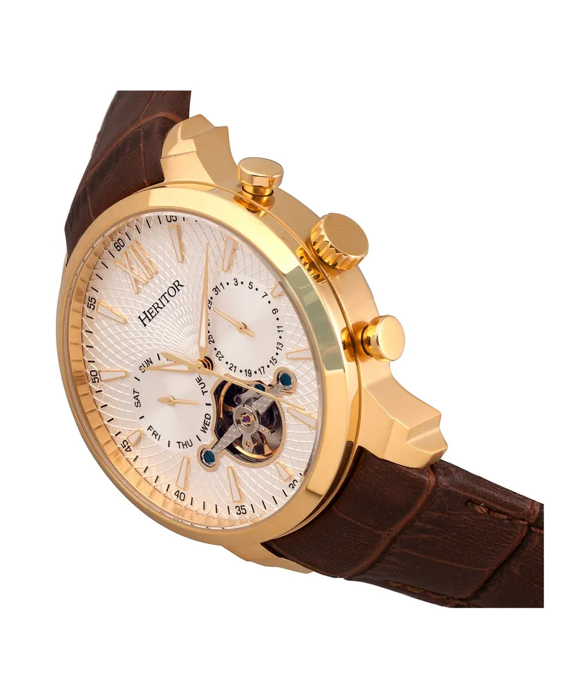 Heritor Automatic Arthur Gold Case, Genuine Brown Leather Watch 45mm
