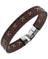 Sutton Stainless Steel Crossed Chain Brown Leather Bracelet