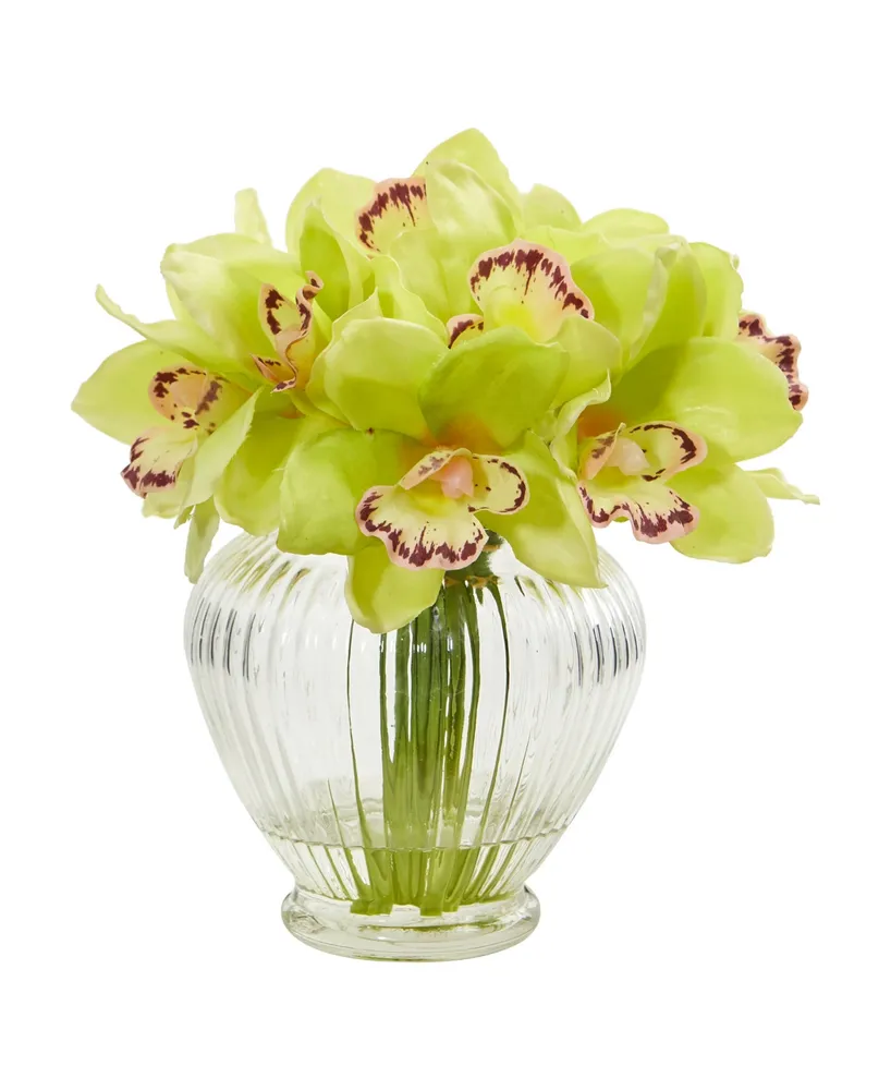 Nearly Natural Cymbidium Orchid Artificial Arrangement in Glass Vase