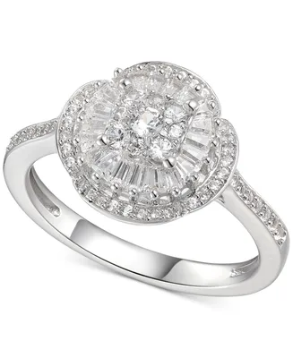 Cubic Zirconia Baguette Cluster Halo Ring Sterling Silver
