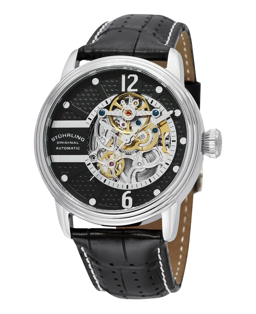 Stuhrling Stainless Steel Case on Black Perforated Alligator Embossed Genuine Leather Strap with White Contrast Stitching, Black Skeletonized Dial, wi