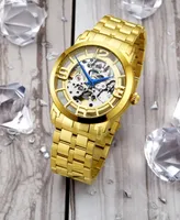 Stuhrling Stainless Steel Gold Tone Case on Stainless Steel Link Bracelet, Gold Tone Dial, with Blue Accents