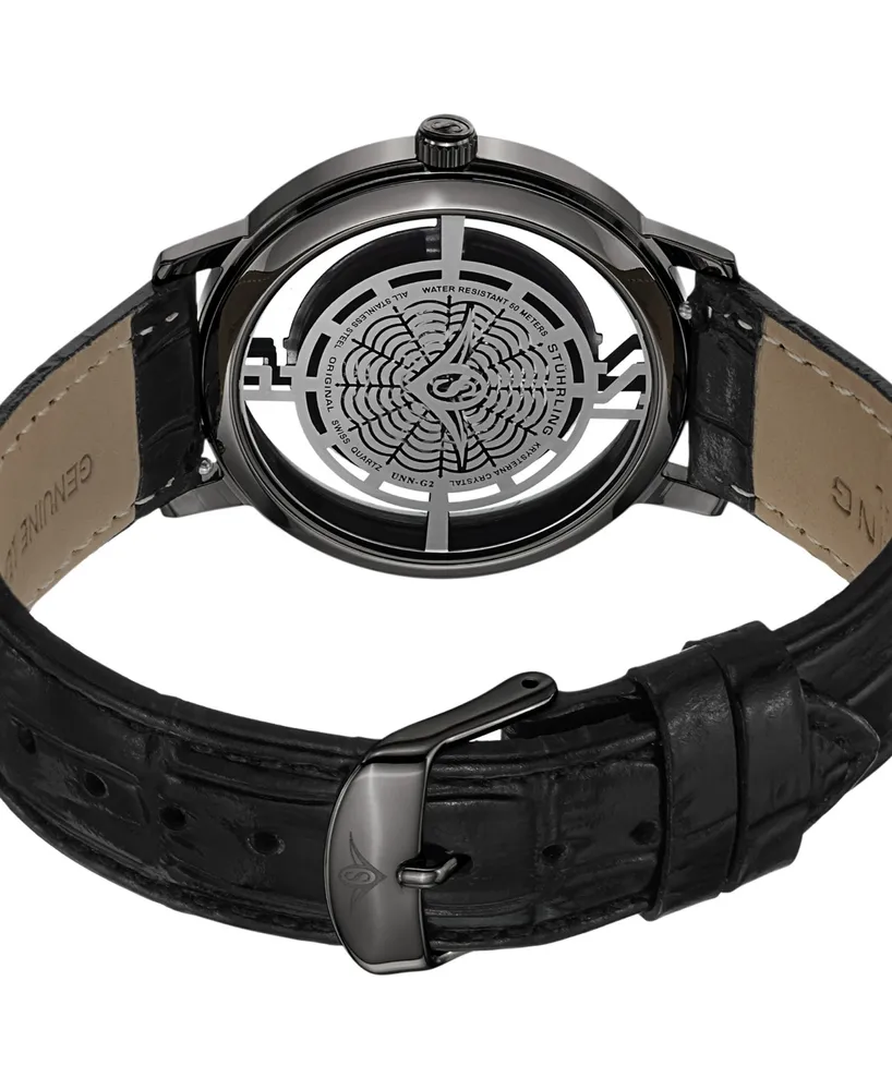 Stuhrling Stainless Steel Black Pvd Case on Black Alligator Embossed Genuine Leather Interchangeable Strap with Additional Brown Alligator Embossed St