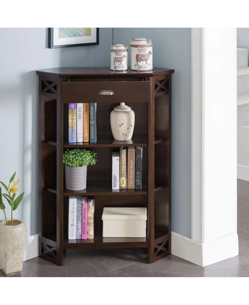 Leick Home Chocolate Oak Mantel Height 3-Shelf Corner Bookcase with Drawer Storage