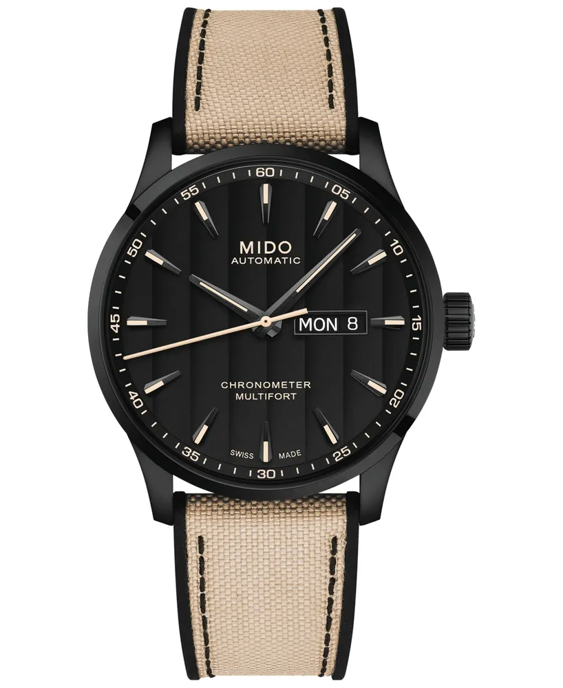 Mido Men's Swiss Automatic Multifort Chronometer Beige Fabric & Black Silicone Strap Watch 42mm