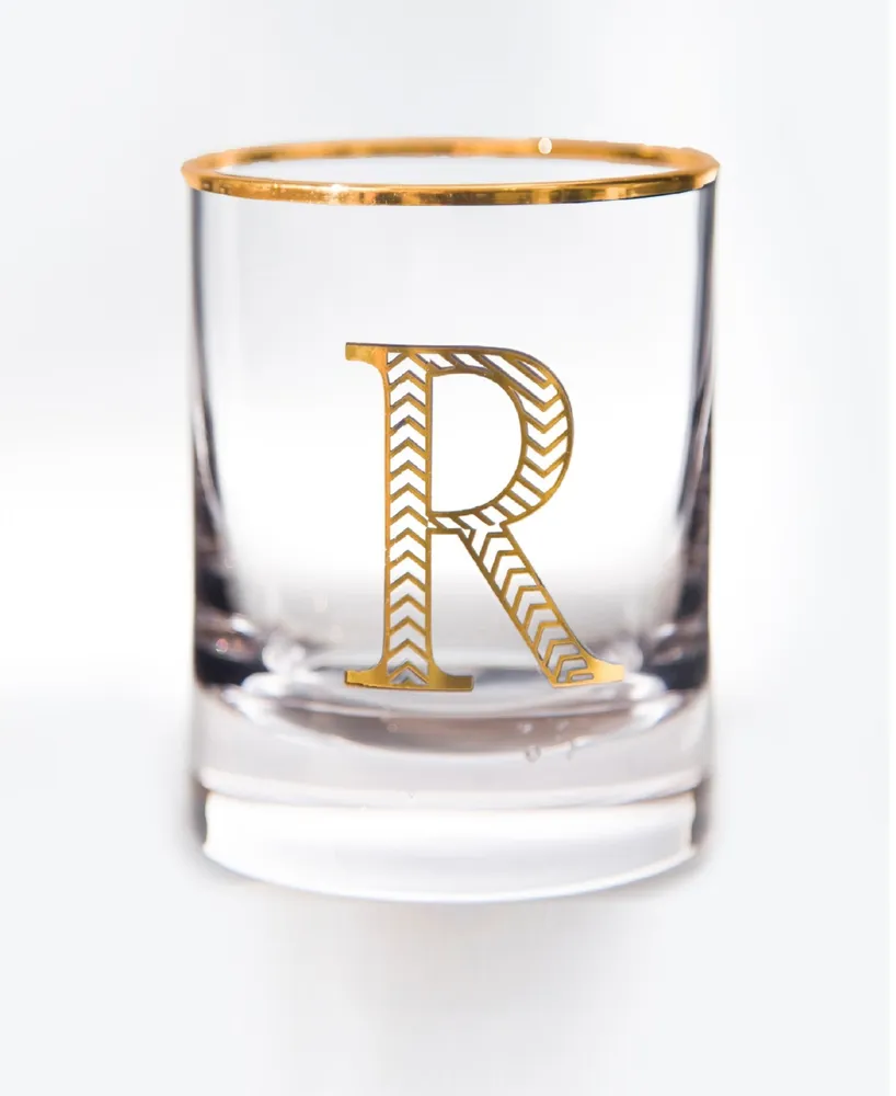 Qualia Glass Monogram Rim and Letter R Double Old Fashioned Glasses, Set Of 4