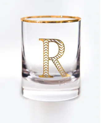 Qualia Glass Monogram Rim and Letter R Double Old Fashioned Glasses, Set Of 4