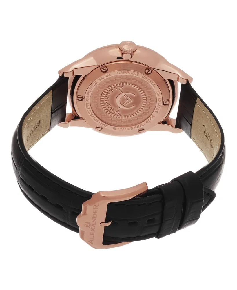 Alexander Watch A911-05, Stainless Steel Rose Gold Tone Case on Black Embossed Genuine Leather Strap