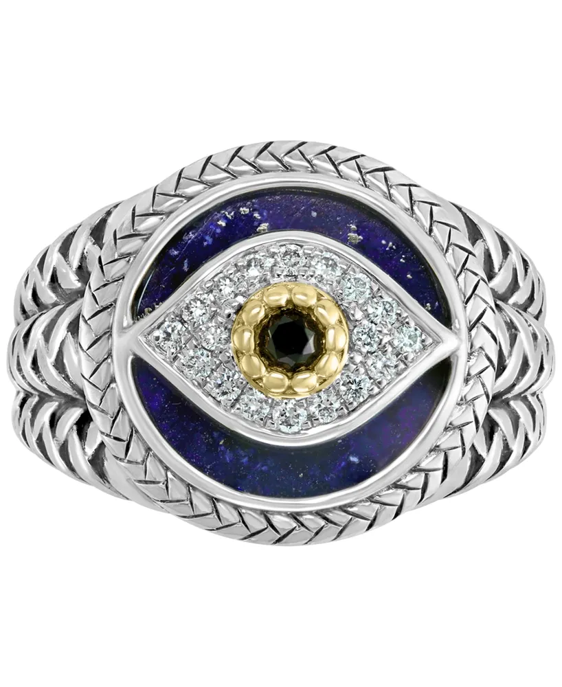 Effy Men's Multi-Gemstone & Diamond (1/10 ct. t.w.) Evil Eye Ring Sterling Silver 14k Gold